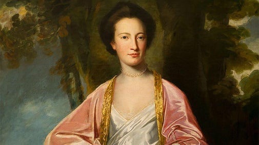 Portrait of Cecilia Strickland by George Romney. She is a young woman from 18th century dressed in a pink and white gown.